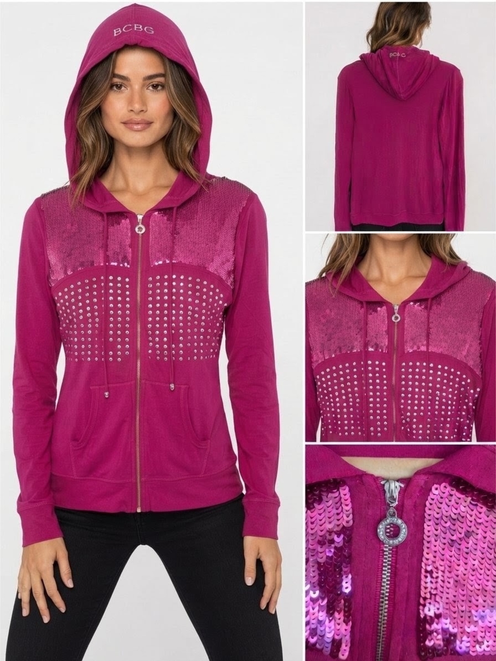 NWT BCBG Max Azria Pink Sequin Studded Full Zip Hoodie Sweatshirt Jacket Size M